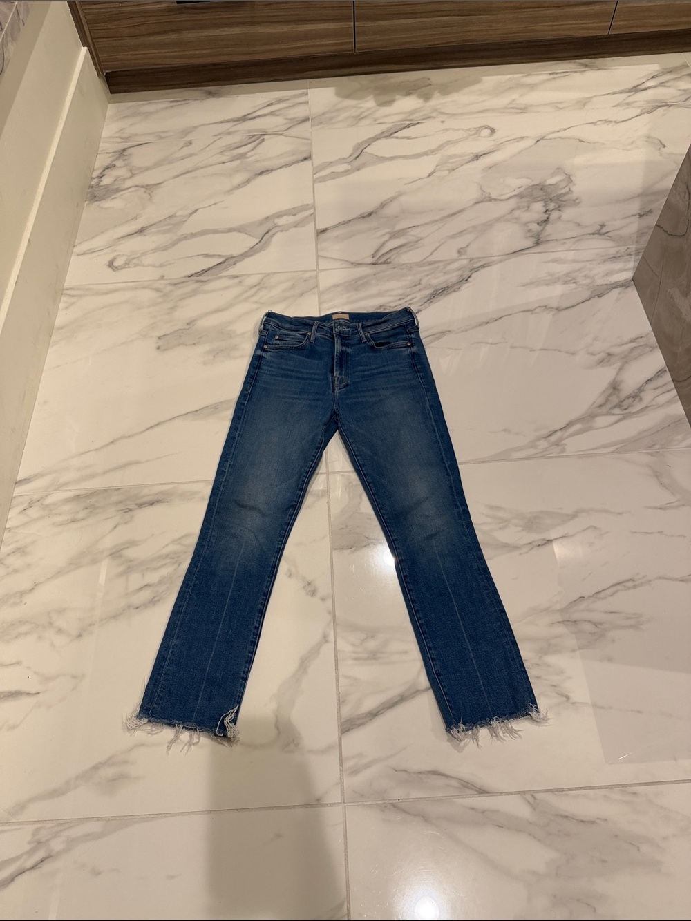 MOTHER Blue Straight-Leg Jeans with Raw Hem